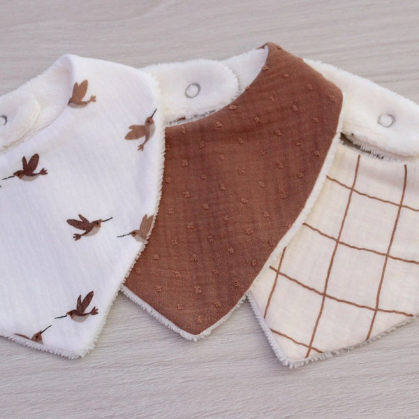 Bavoir bandana double gaze pour bébé, cadeau de naissance, bavoir camel, carreaux, motif oiseau, vendu à l’unité