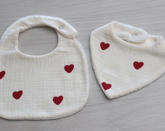 Bandana bib or large double gauze bib for baby, birth gift, heart pattern, sold individually