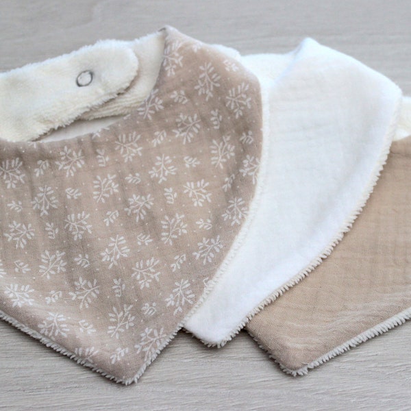 Bavoir bandana double gaze pour bébé, cadeau de naissance, bavoir lin, blanc, lin à motif blanc, vendu à l’unité