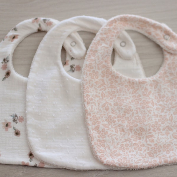 Double gauze baby bib, birth gift, pink bib, white bib, sold individually