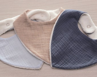 Bavoir bandana double gaze pour bébé, cadeau de naissance, bavoir bleu et beige,vendu à l’unité