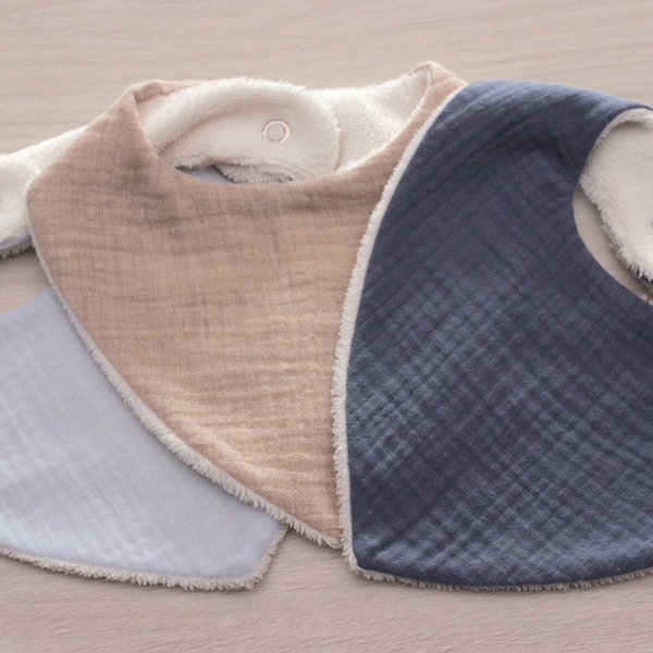 Double gauze bandana bib for baby, birth gift, blue and beige bib, sold individually