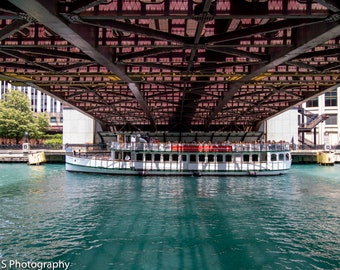 Downtown Chicago Photo of the Chicago River and the DuSable Bridge with a Boat Passing Underneath