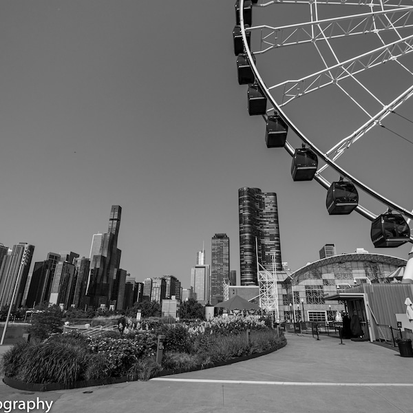 Downtown Chicago Navy Pier Photo of the Ferris Wheel- Centennial Wheel Black and White (B&W)