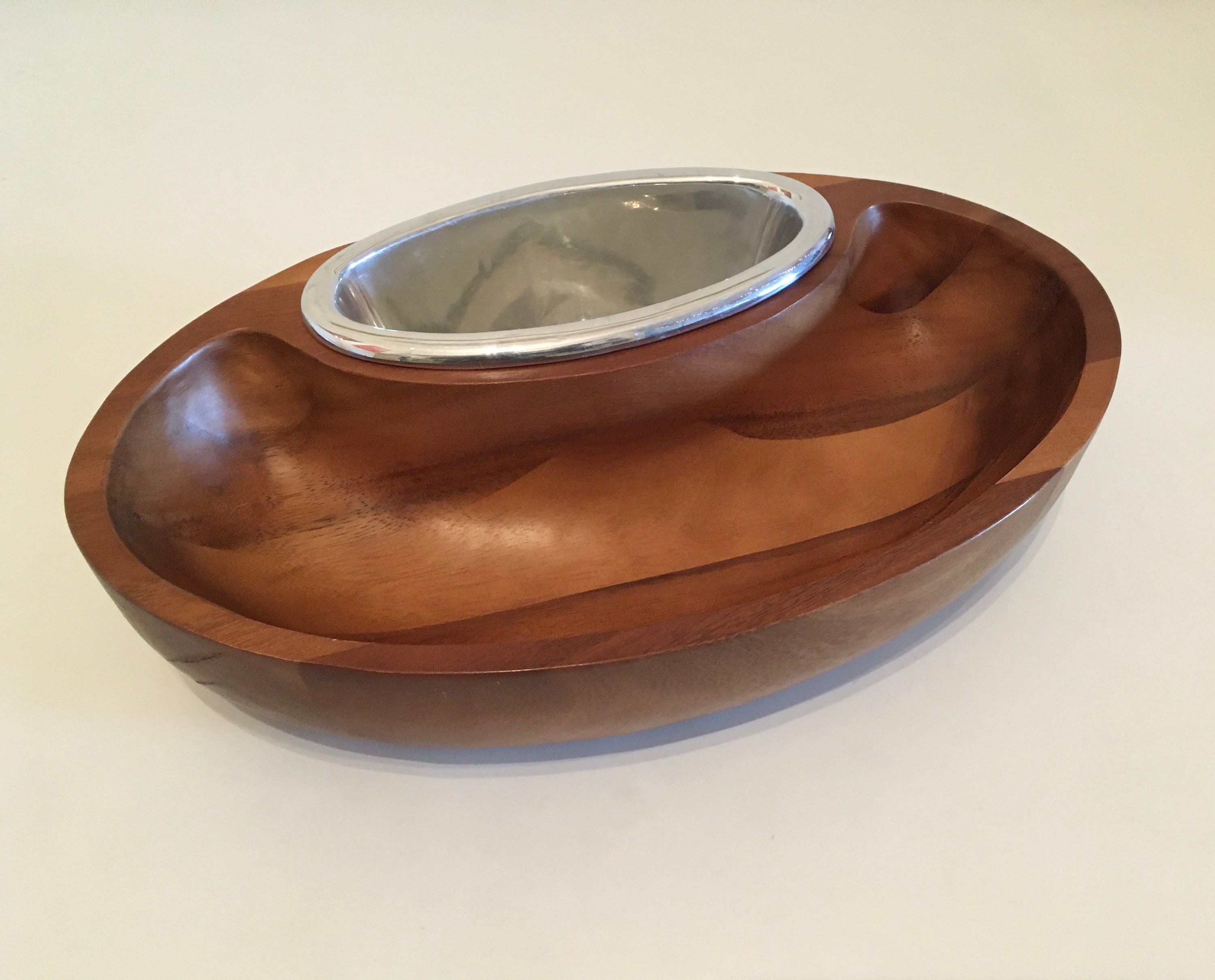Nambé Dharma Chip and Dip Bowl Acacia Wood and Metal. MT0020 Neil Cohen