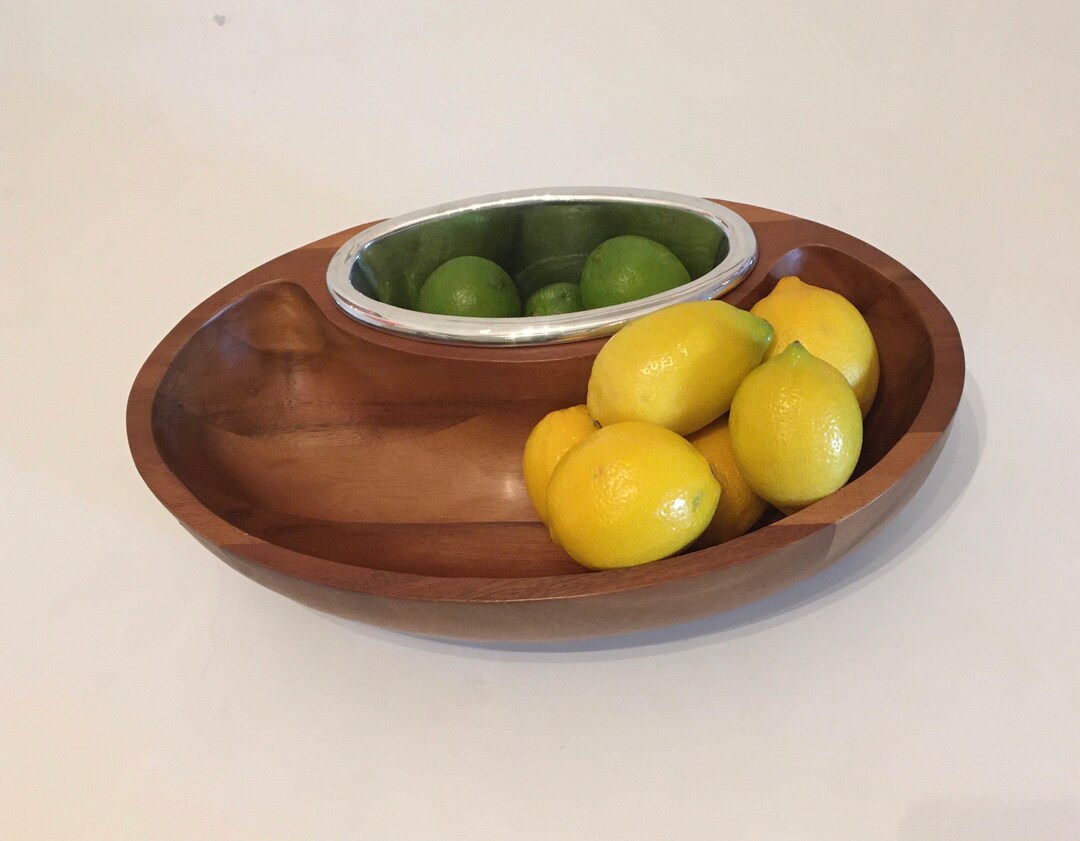 Nambé Dharma Chip and Dip Bowl Acacia Wood and Metal. MT0020 Neil Cohen