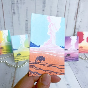 Custom Multicolor Buffalo and Geyser Watercolor & Rubber Block Mini Print -  3.5 x 2" / 91 x 55 mm, Table Topper, Place Card, Wedding