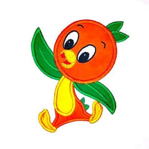 May include: A cartoon orange with a friendly face and green leaves, walking with its arms outstretched.
