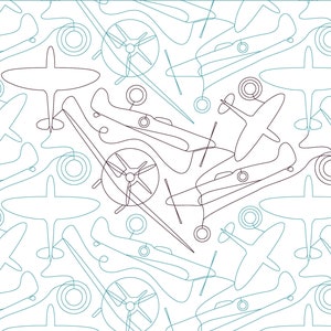 May include: A seamless pattern featuring a repeating design of teal and brown airplanes. The airplanes are drawn in a single line style and are overlapping each other.