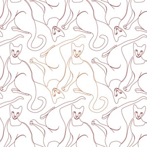 Pode incluir: Um padrão repetitivo de gatos estilizados em marrom avermelhado sobre um fundo branco. Os gatos são retratados em um estilo de arte de linha simples, com seus corpos e membros formando uma linha contínua. Os gatos estão em várias poses.