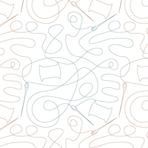 May include: A seamless pattern featuring brown and blue thread spools with needles and thread. The thread is depicted as a continuous line, creating a whimsical and abstract design.