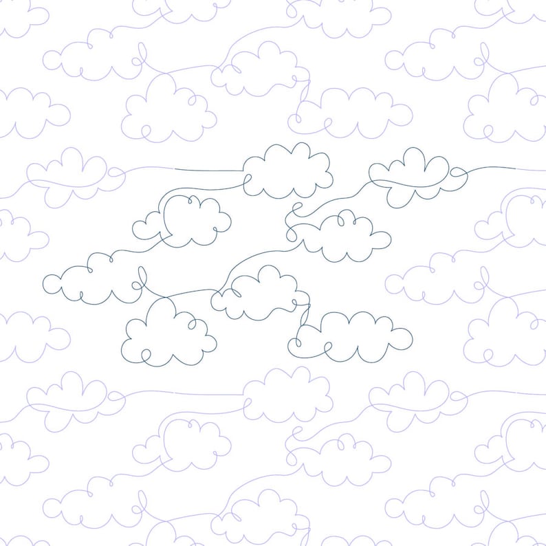 May include: A seamless pattern of white clouds drawn in a single line on a white background.