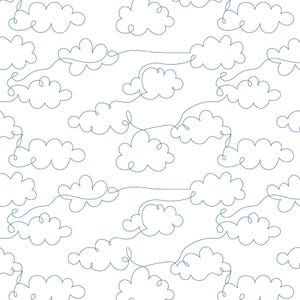 May include: A seamless pattern of white clouds drawn in a single line on a white background. The clouds are stylized and have a whimsical feel.
