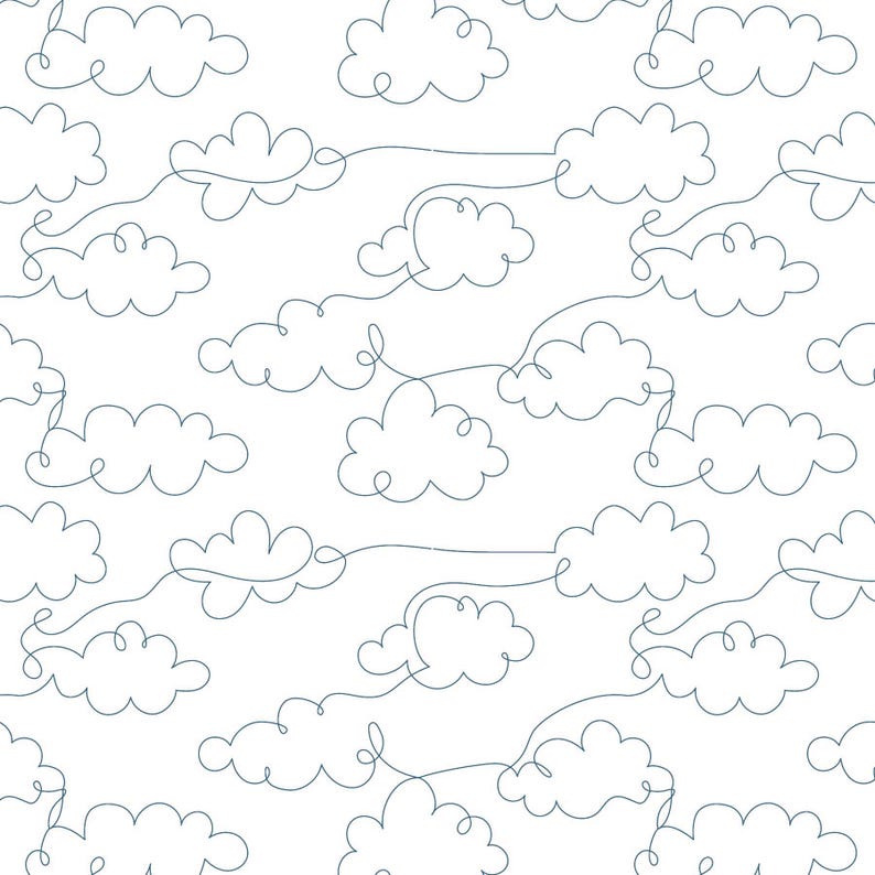 May include: A seamless pattern of white clouds drawn in a single line on a white background. The clouds are stylized and have a whimsical feel.