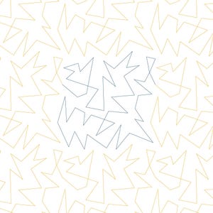 Puede incluir: Patrón geométrico abstracto con fondo blanco y líneas azules y doradas superpuestas que forman estrellas.