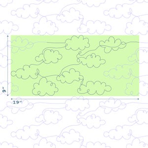 May include: A light green fabric with a white outline of clouds. The fabric measures 19 inches by 9 inches.