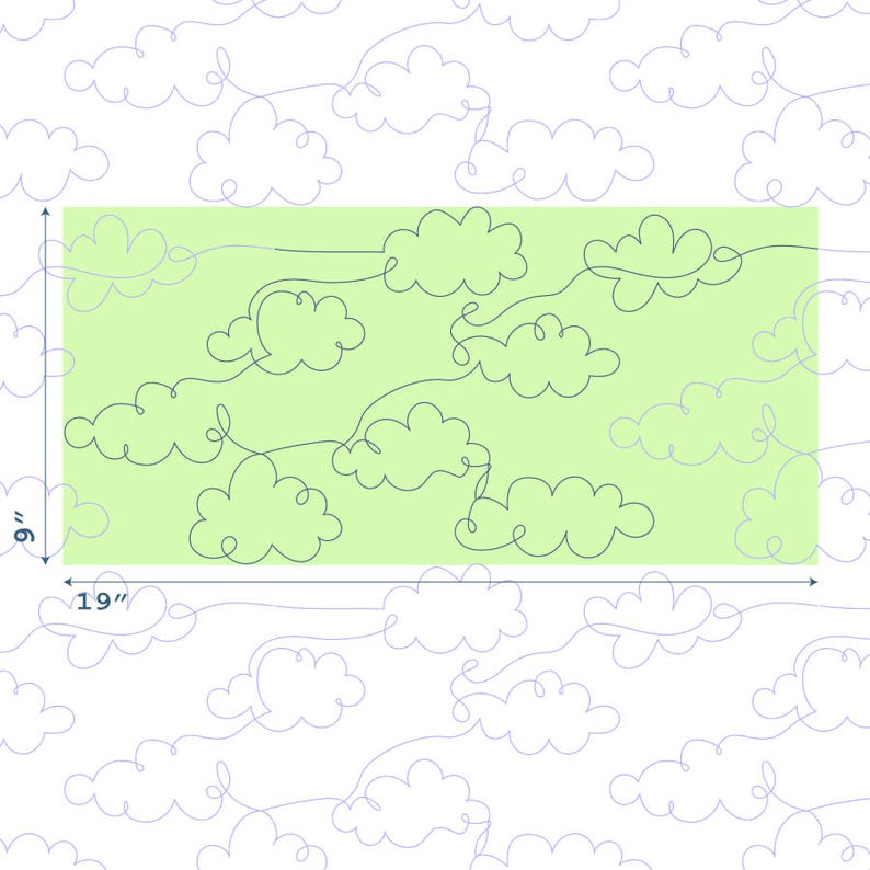 May include: A light green fabric with a white outline of clouds. The fabric measures 19 inches by 9 inches.