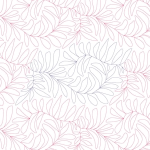 May include: A seamless pattern featuring a repeating design of blue and pink stylized leaves. The leaves are outlined in a thin line and are arranged in a diagonal pattern.