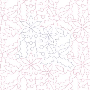 May include: A seamless pattern featuring a repeating design of holly leaves, berries, and stylized flowers. The holly leaves are outlined in blue, while the flowers are outlined in pink. The background is white.