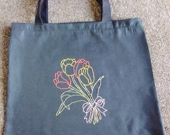 Hand Embroidered Floral Tote Bag: Reusable Cotton Shopping Bag