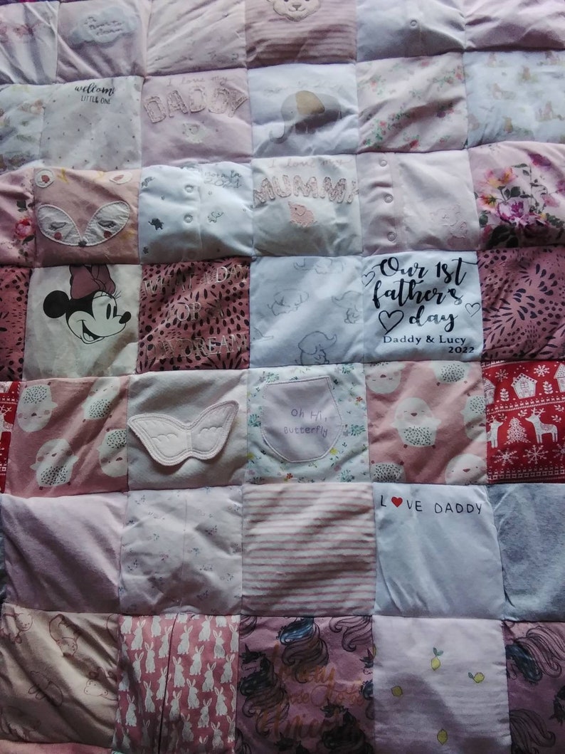 Bespoke Memory Blanket, Baby clothing Blanket. Quilt, Keepsake Blanket, Patch work Memory Quilt, Handmade form babies Outgrown clothing. image 5