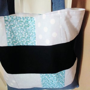 Patchwork tote bag, denim & patterned fabric bag, fully lined shopping bag, laptop bag, book bag. Made from recycled fabric. Reusable bag image 3