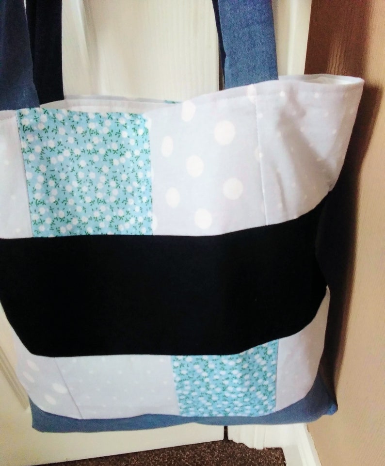 Patchwork tote bag, denim & patterned fabric bag, fully lined shopping bag, laptop bag, book bag. Made from recycled fabric. Reusable bag image 3