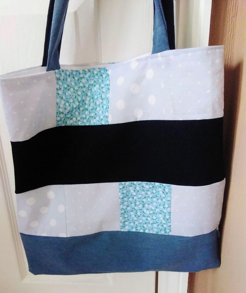 Patchwork tote bag, denim & patterned fabric bag, fully lined shopping bag, laptop bag, book bag. Made from recycled fabric. Reusable bag image 2