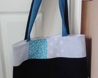Patchwork tote bag, denim & patterned fabric bag, fully lined shopping bag, laptop bag, book bag. Made from recycled fabric. Reusable bag