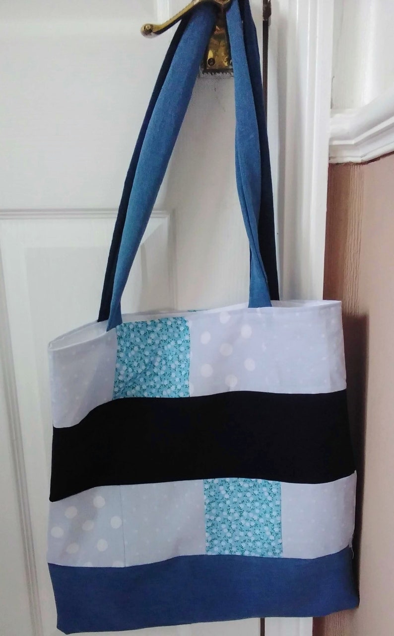 Patchwork tote bag, denim & patterned fabric bag, fully lined shopping bag, laptop bag, book bag. Made from recycled fabric. Reusable bag image 1