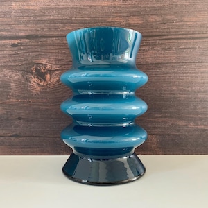 Aseda Swedish Blue Hooped Glass Vase Cased Petrol Teal Turquoise 1960s 1970s