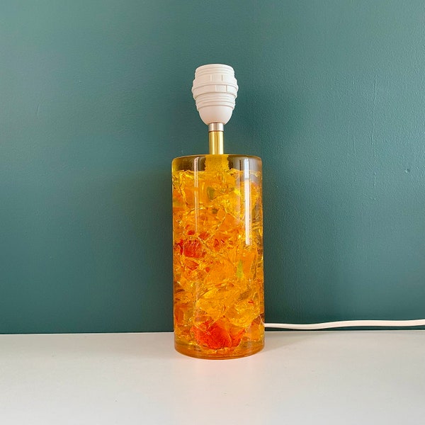 Shattaline British Yellow Orange Table Lamp Cracked Resin Crushed Ice Vintage Retro Atomic Era Shatterline