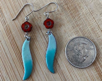 Red flower and turquoise dangle earrings