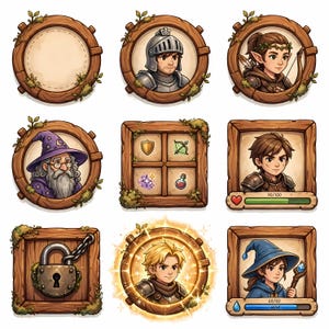 Puede incluir: Una colección de nueve iconos de juego de fantasía con marcos de madera y detalles de musgo. El conjunto incluye retratos de personajes como un caballero, un elfo, un mago y un aventurero, junto con iconos de escudo, arco, poción, candado y aura brillante.