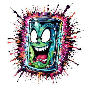 May include: A cartoon illustration of a green battery with a face, featuring a wide, toothy grin and angry eyes. The battery is surrounded by a colorful explosion of paint splatters in shades of pink, orange, and black, on a white background.