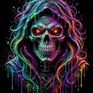 Op de afbeelding: Een schedel met gloeiende oranje ogen in een kapmantel, weergegeven in een levendig regenboogkleurenpalet met verfdruppels en spetters. Het ontwerp heeft een gebarsten bottextuur op de schedel en vloeiende, veelkleurige haarlokken.