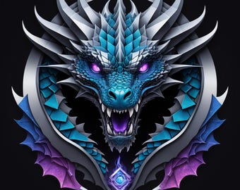20+ Blue Dragon Art Print Bundle Fierce Fantasy Wall Decor PNG Posters Logo Designs Phone Backgrounds Digital Download Mythical Dragon Set