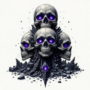 May include: A digital illustration of four skulls stacked on top of each other, with glowing purple eyes. The skulls are gray with cracks, and are surrounded by dark, jagged rock formations. A purple gem is at the base.