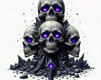 May include: A digital illustration of four skulls stacked on top of each other, with glowing purple eyes. The skulls are gray with cracks, and are surrounded by dark, jagged rock formations. A purple gem is at the base.