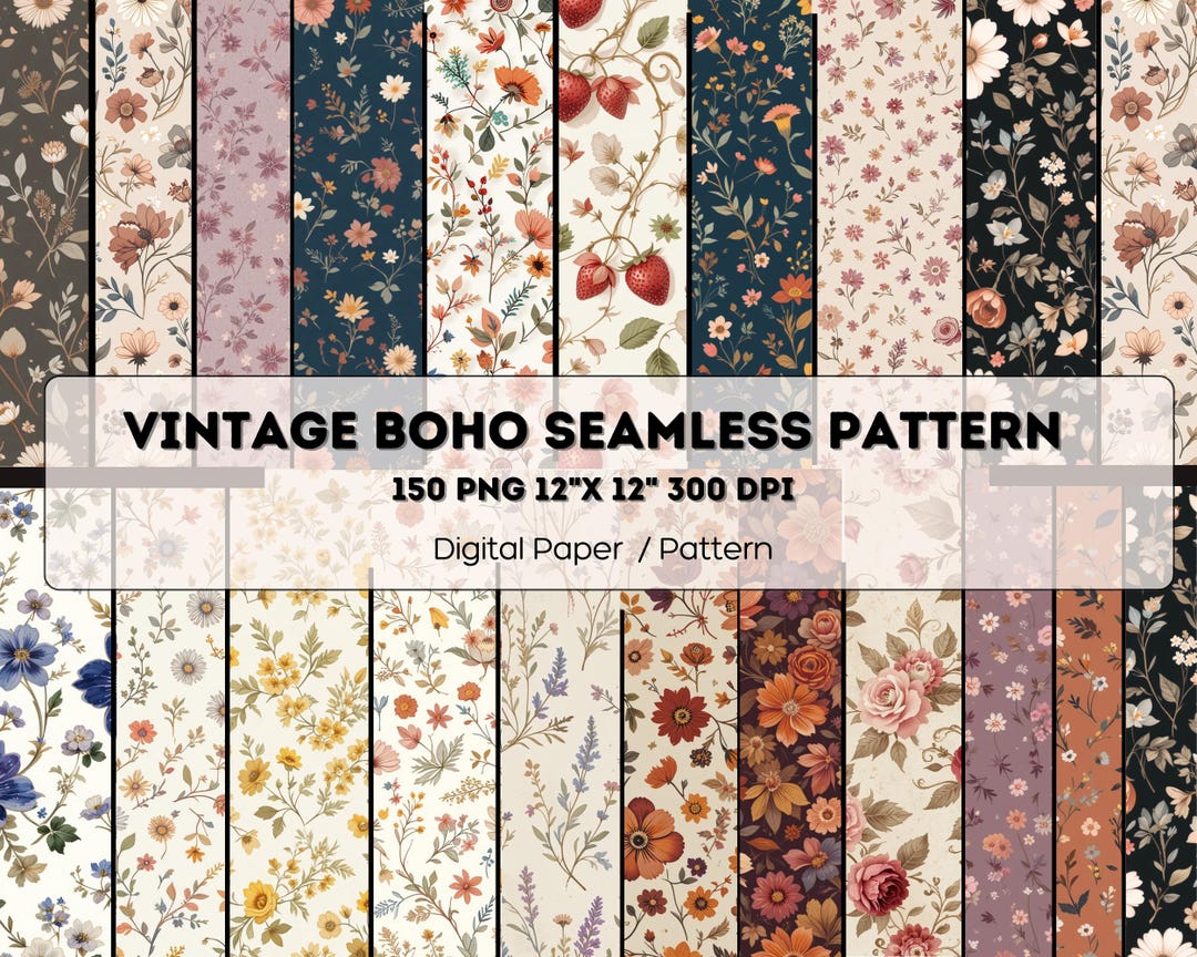 150 -vintage Boho Floral Seamless Patterns | Retro Flower Digital ...
