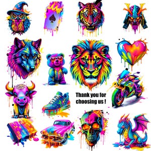 Può includere: Un set di illustrazioni digitali colorate che presentano una varietà di animali, oggetti e design. Le illustrazioni sono in uno schema di colori arcobaleno vibrante e hanno un effetto di vernice che cola. Il set include un leone, una tigre, un lupo, un toro, un drago, uno scheletro, un cuore, una motocicletta, una scarpa, una carta da gioco, un mago, un samurai e un libro.