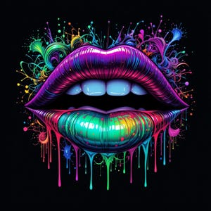 May include: A vibrant, colorful illustration of a pair of lips with dripping paint. The lips are open, revealing white teeth and a glossy, turquoise inner lip. The paint drips in a variety of colors, including pink, purple, blue, green, and yellow.