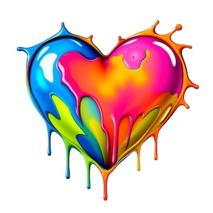 May include: A colorful heart-shaped design made of dripping paint. The paint is in shades of blue, green, yellow, orange, and pink.