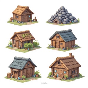 以下が含まれることがあります： 漫画風の小さな木造住宅の6つのイラスト。各家は、さまざまな屋根のスタイル、ドア、造園など、ユニークなデザインを持っています。カラーパレットは主にアースカラーで構成されています。
