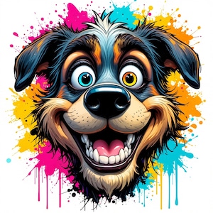 May include: A cartoon dog's face with a large, happy grin and striking eyes. The dog features black, brown, and white fur, with one blue and one yellow eye. The background is decorated with colourful paint splatters in pink, yellow, and blue.