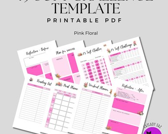 May include: Printable 75 Soft Challenge template in pink floral design. The template includes pages for reflection, meal planning, workout planning, and a reading list.