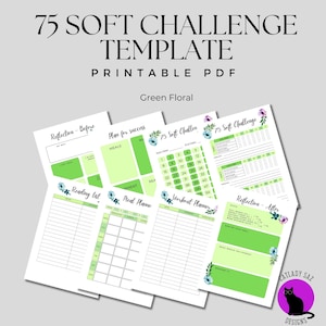 Könnte beinhalten: Druckbare 75 Soft Challenge Vorlage im grünen floralen Design. Enthält Seiten für Reflexion, Ernährungsplanung, Trainingsplanung und eine Leseliste.