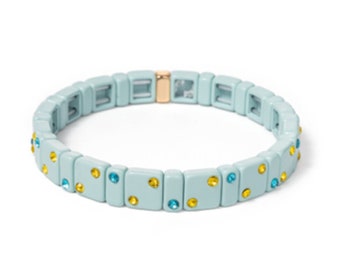 Mini Crystal Turquoise Teal Emaille Tegel Armband Sets, Colorblock Armbanden, Tegel Kralen Armbanden, Stapelen Armbanden, EBCDTB1213G