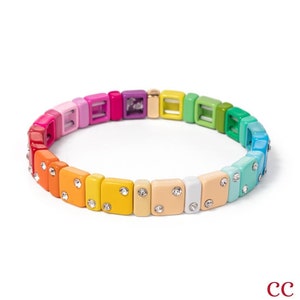 Mini Crystal Red Black Rainbow Enamel Tile Bracelet Sets, Colorblock Bracelets, Tile Beads Bracelets, Stacking Bracelets, EBCDTB1213C