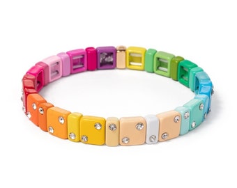 Mini Crystal Rood Zwart Regenboog Emaille Tegel Armband Sets, Colorblock Armbanden, Tegel Kralen Armbanden, Stapelen Armbanden, EBCDTB1213C